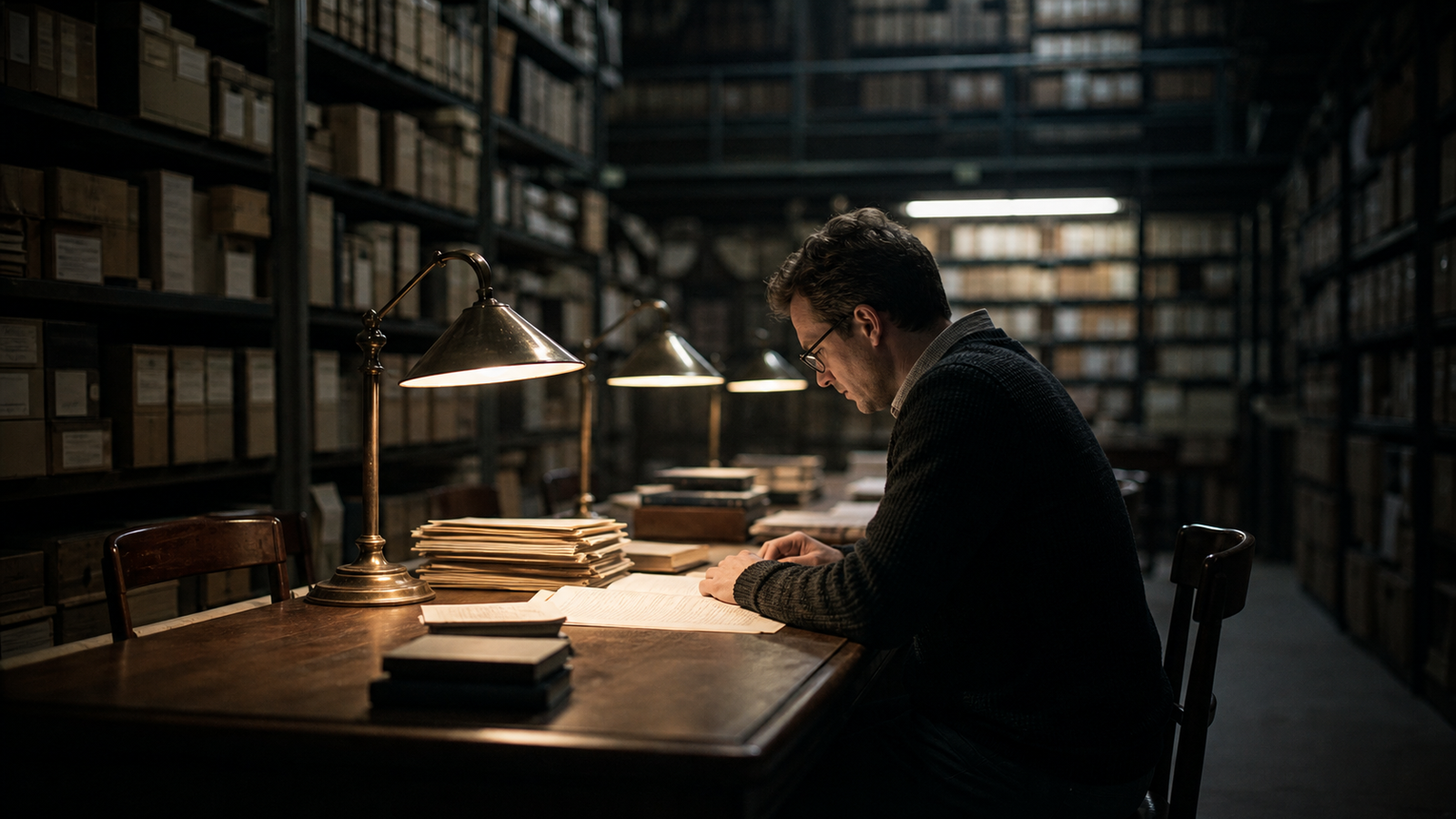 A researcher compares papers and reference books under a desk lamp in a dark archive.